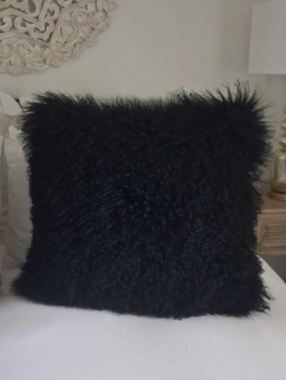 Z Gallerie Black Mongolian Sheepskin Fur Throw Pillow 22x22 Feather Stuffed